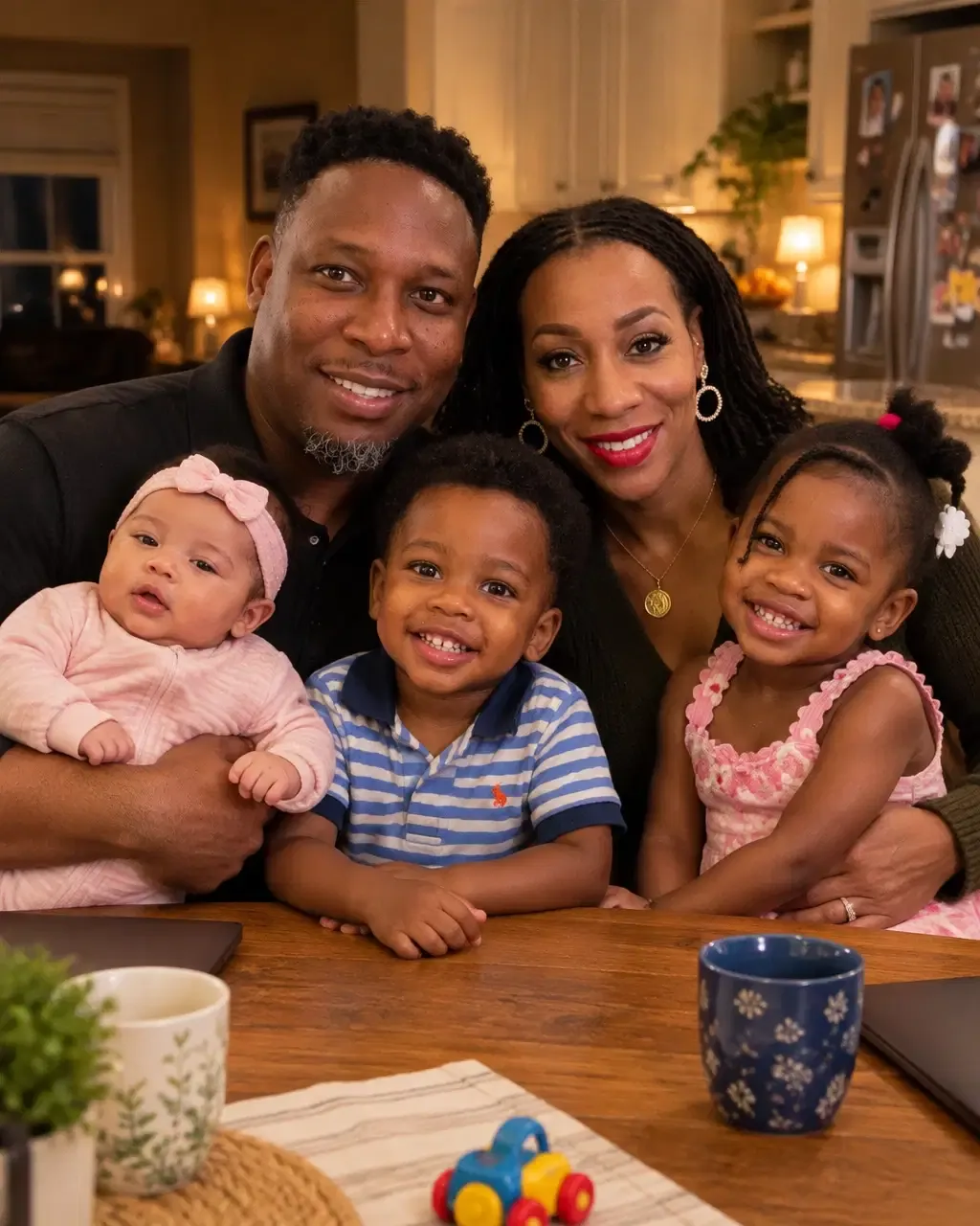 Darryl and Mary with their three children gathered around a kitchen table